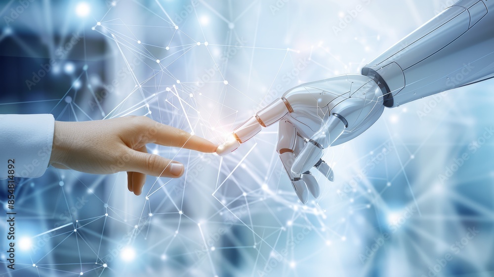 Aufkleber human and robotic hands touching amidst abstract data network visualization for futuristic concept
