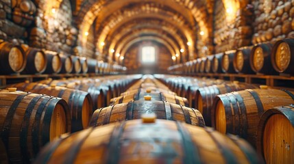 Rows of wine barrels stored in a stonewall-lined cellar with warm lighting