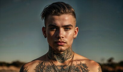 young boy tattooed model with sunset light and sky in the background