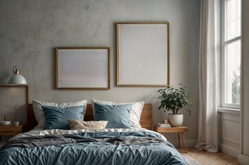 mockup, two empty metal frames in the headboard of a modern bedroom