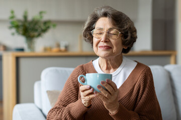 Grey haired grandmother sitting on sofa, holding cup with hot beverage, resting in cozy living room, feeling carefree satisfied spend time at home