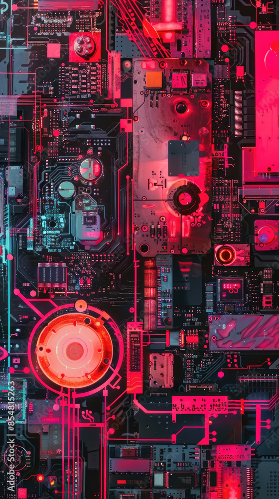 Poster close-up view of a vibrant circuit board with red and blue neon lights, highlighting the intricate d