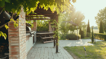 Obraz premium Landscaped patio with barbecue, beautiful backyard on a sunny day