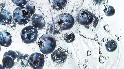 Ripe blueberry in a splash of water close-up, dynamic image