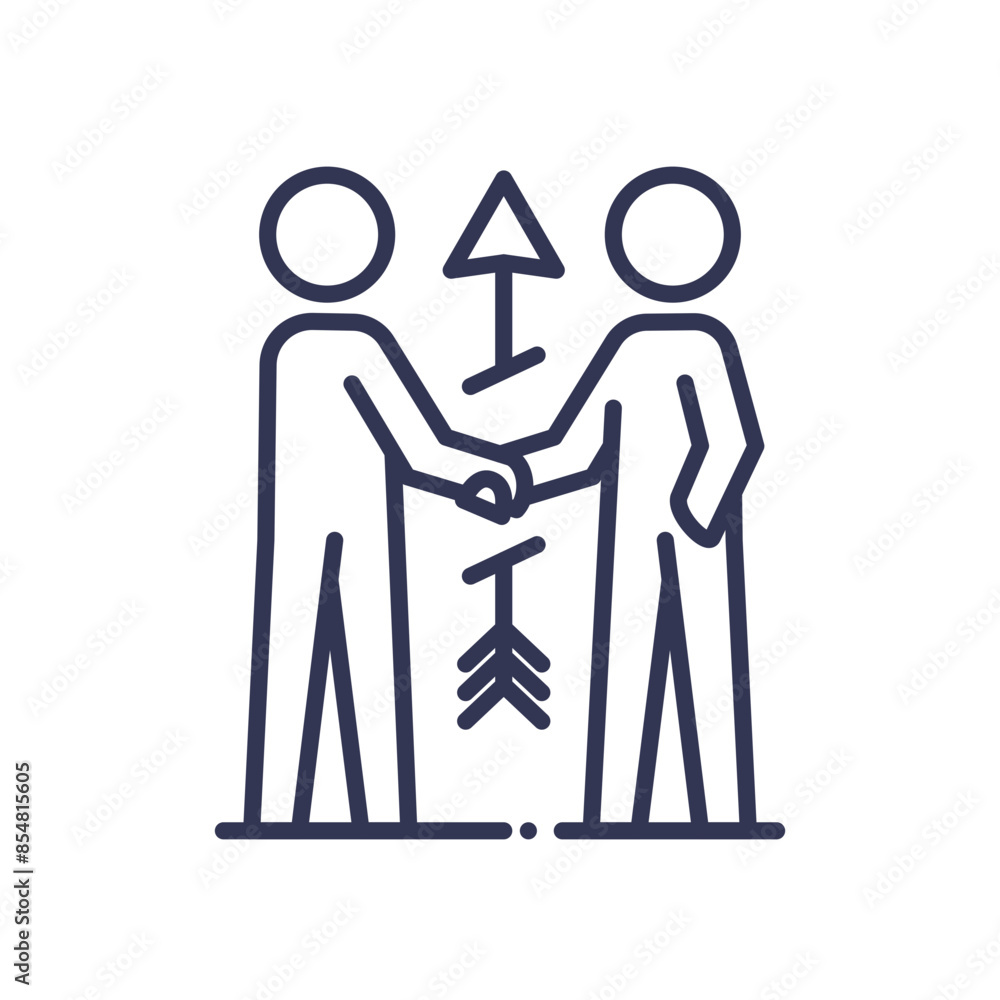 Poster two figures shaking hands with arrows pointing up and down, symbolizing conflict resolution.