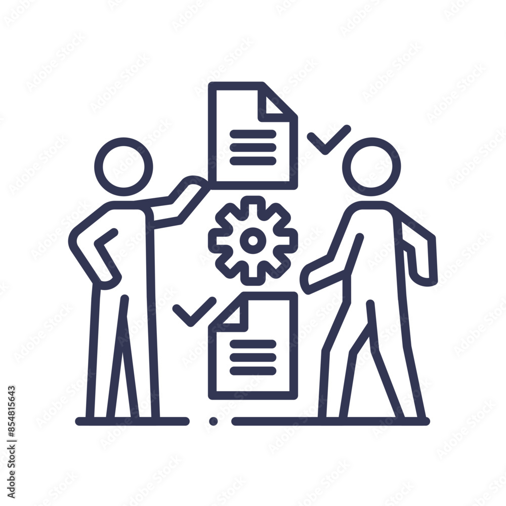 Aufkleber two figures collaborating on documents with a gear symbolizing teamwork.