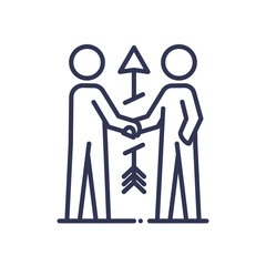 Two figures shaking hands with arrows pointing up and down, symbolizing conflict resolution.