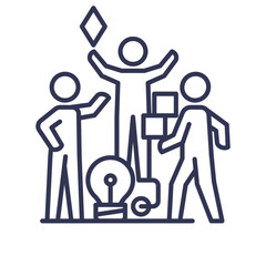 Three figures collaborating with creative tools and shapes, symbolizing teamwork and innovation.