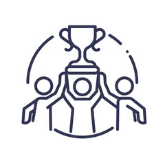 Three people lifting a trophy together, symbolizing shared success and teamwork.