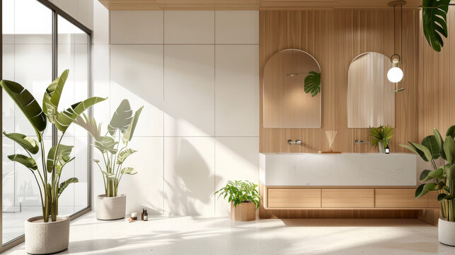 Modern bathroom with a Scandinavian design. Light wood accents, white tiles, and a sleek vanity. Simple decor, potted plants, and large windows.