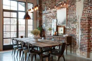 Fototapeta premium Modern dining room with a rustic touch. Wooden table, metal chairs, and exposed brick walls. Simple decor, pendant lighting, and large windows.