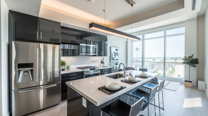 Modern kitchen with a high-tech feel. Black cabinets, stainless steel appliances, and quartz countertops. LED lighting, sleek decor, and floor-to-ceiling windows.