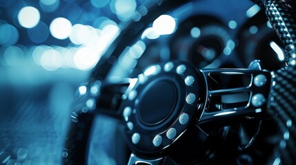 Luxurious black leather steering wheel with elegant silver gear shift paddle close up