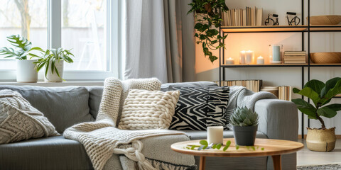 Modern living room with a cozy, hygge-inspired design. Soft, warm lighting, a plush grey sofa with knitted blankets, and a wooden coffee table. Shelves filled with books, candles, and potted plants