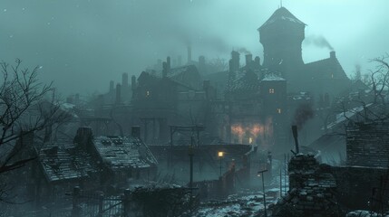 A dark, snowy village scene with medieval architecture and glowing windows creating an eerie atmosphere.