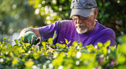 A professional gardener in a purple shirt and baseball cap, wearing gloves, meticulously cuts the top of an overgrown hedge with shears to reveal vibrant green foliage