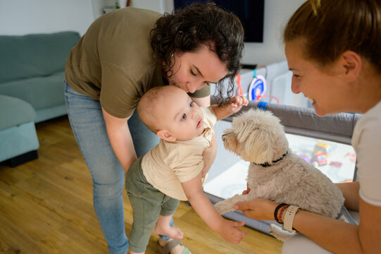 Multiethnic family enjoying time with toddler and dog