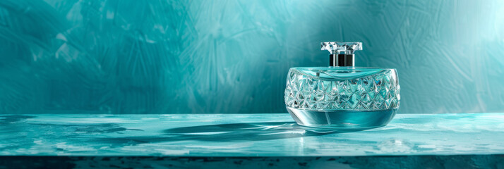 Polished crystal product display podium on a bright teal background: Mystical and luxurious, ideal for high-end perfumes or jewelry, the crystal podium and teal background create an enchanting and
