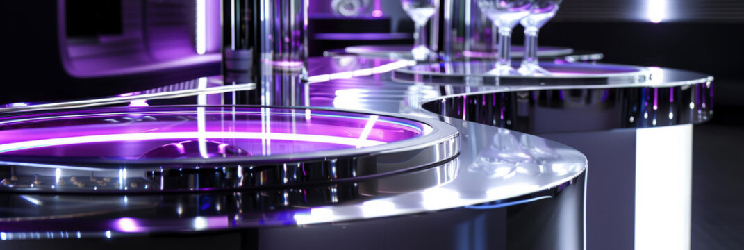 Polished chrome with reflective purple highlights: Sleek and futuristic, ideal for tech showcases or luxury advertisements, the chrome and purple highlights create a dazzling and modern setting
