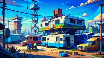 Colorful old tramway in the city at sunset. Toned.ghetto, poor trailer house, poor cyberpunk, rusty