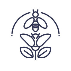 Line art of a bee pollinating a flower.