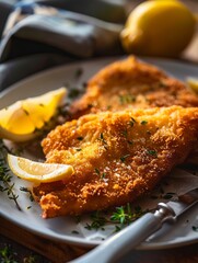 Fried fish on a plate with lemon wedges.