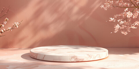 Polished marble product display podium on a soft peach background: Elegant and luxurious, ideal for high-end cosmetics or fine jewelry, the marble podium and peach background create a sophisticated