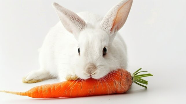 White rabbit with carrot in a white background Cute bunny munching on a vegetable
