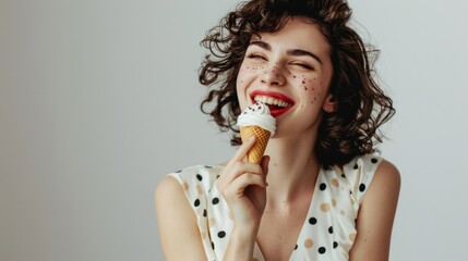 Model posing with Ice Cream: Brunette woman in a yellow polka dot dress, holding her ice cream cone playfully to her lips, with a clean, isolated light white background.