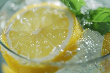 A close-up image showcasing a refreshing glass of lemonade, adorned with a slice of lemon and a sprig of mint.