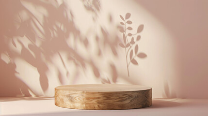 Polished wood product display podium on a light peach background: Warm and elegant, ideal for luxury home decor or artisanal goods, the wood podium and peach background create a rich and inviting