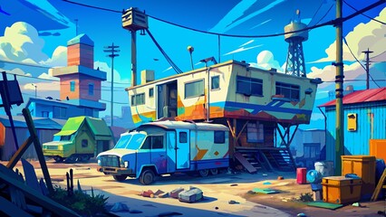 Colorful old tramway in the city at sunset. Toned.ghetto, poor trailer house, poor cyberpunk, rusty