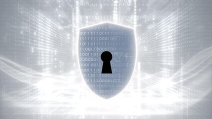 A digital lock icon with a shield behind it surrounded by binary code on a white background, emphasizing cybersecurity with glitch effects and matrix - Powered by Adobe