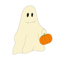 Vector Halloween clipart: cute cartoon ghost with pumpkin. Little spooky, flat Halloween cartoon character. Yellow cartoon ghost, scary spooky. Dead boo isolated.