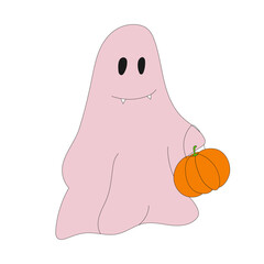 Vector Halloween clipart: cute cartoon ghost with pumpkin. Little spooky, flat Halloween cartoon character. Pink cartoon ghost, scary spooky. Dead boo isolated.