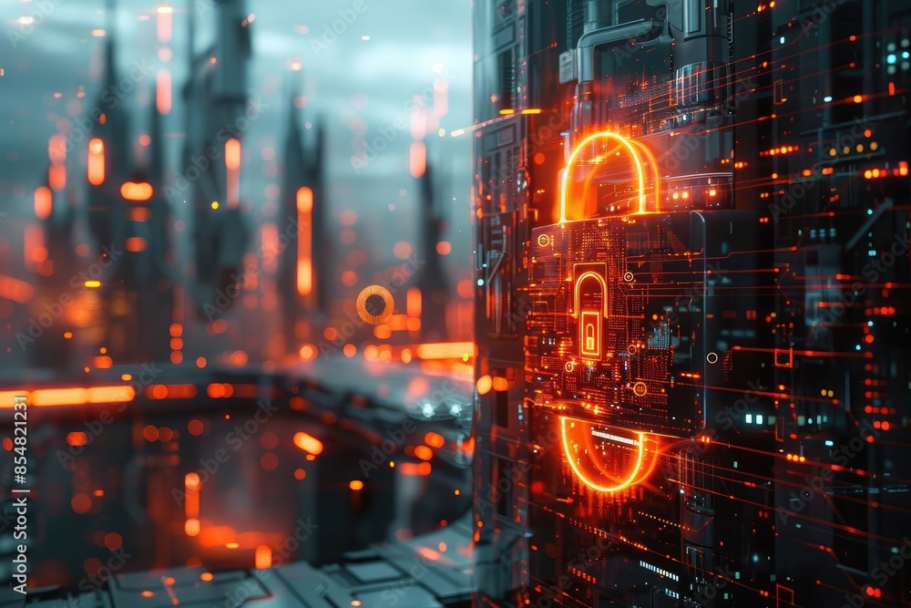Poster Futuristic digital security concept with a glowing lock symbol on high-tech cityscape background, representing cybersecurity and data protection.