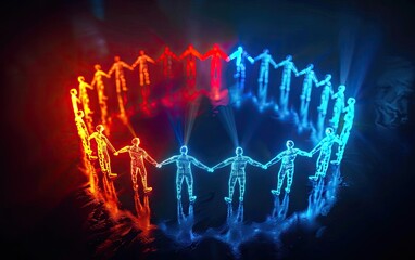 Glowing human-like figures holding hands in a circle with blue and red lighting, symbolizing unity and duality.