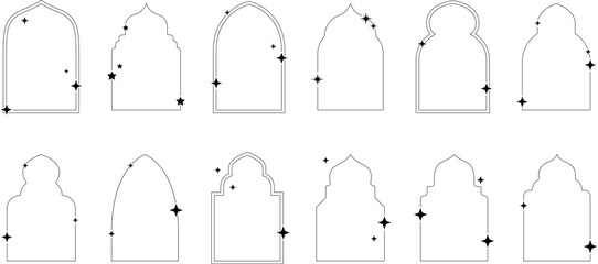 Frames collection with different stars. Minimalistic linear frames, arches, elements, geometric shapes and lines. Arch frame with sparkles Frames for poster design, vector illustration in modern style