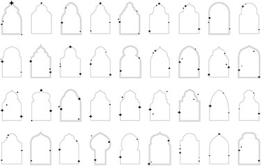 Frames collection with different stars. Minimalistic linear frames, arches, elements, geometric shapes and lines. Arch frame with sparkles Frames for poster design, vector illustration in modern style
