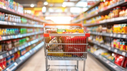 a supermarket cart filled with products against a blurred background, designed as a banner for online grocery shopping, with ample copy space.