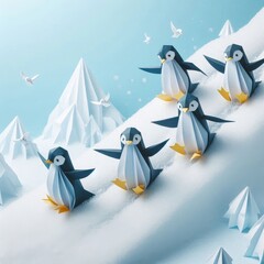 Obraz premium A group of paper penguins are sliding down a snowy hill