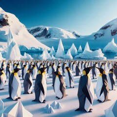 Obraz premium A group of penguins are standing in a snowy field