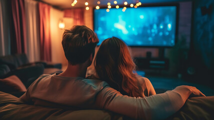 Naklejka premium A young couple in love watching TV at home on the sofa in the dark