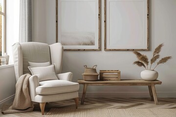 Wing chair beside rustic wooden coffee table in Scandinavian living room with frames. Cozy and stylish interior design