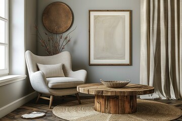 Cozy Scandinavian living room with wing chair, rustic wooden coffee table, and frames on the wall. Elegant interior design