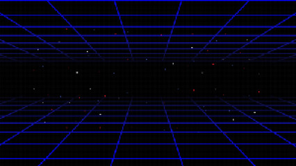 Pixel art background.8 bit game.retro game. for game assets in vector illustrations.Retro Futurism Sci-Fi Background. glowing neon grid.and stars from vintage arcade comp	