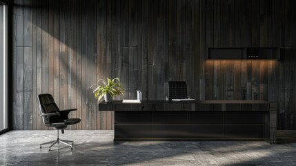 a modern home office with a black wall, wooden paneling, and minimalistic desk and chair design, complemented by a plant on a sideboard.