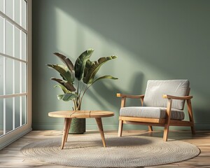 Stylish Scandinavian living room design: gray sofa, lounge chair, and wooden coffee table set against green wall for a modern home interior look