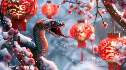 Obraz premium Vibrant Snake Among Lanterns and Snowy Blossoms, Generative AI
