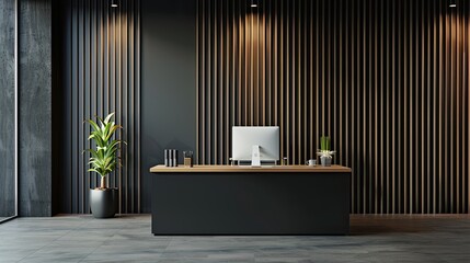 a modern home office with a black wall, wooden paneling, and minimalistic desk and chair design, complemented by a plant on a sideboard.